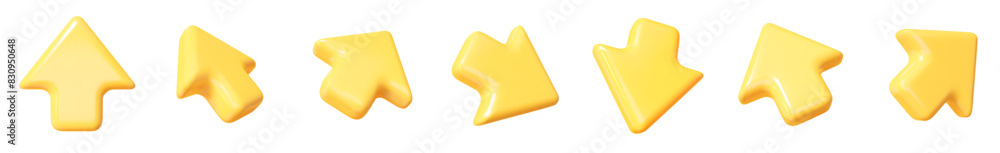3d set of yellow click cursor icon. Mouse arrows pointing in different ...