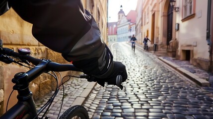 Poster - Solo tourist on a bicycle tour, close-up on pedaling through a historic city, cobblestone streets and old buildings 