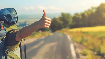 Poster - Backpacker hitchhiking on a rural road, close-up on thumb up, scenic countryside in the backdrop 