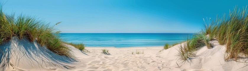 Wall Mural - A panoramic view of a sandy beach with sand dunes, tufts of grass, and a clear, deep blue ocean stretching to the horizon, with copy space.