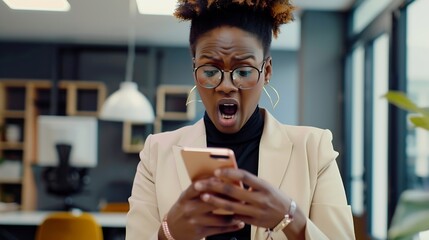 Leinwandbilder - Business woman reading phone and shocked for news social media post or marketing error in office Young african employee confused surprise and stress on mobile for scam mistake or wrong : Generative AI