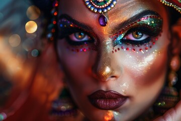 An intense close-up portrait of a woman adorned with colorful cultural makeup and jewelry