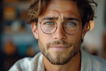 A handsome man with intense blue eyes and glasses conveys depth and attractiveness