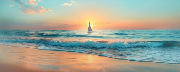 Wall Mural - close-up of a clear-water dawn beach; copy space; Sailboat silhouette in double exposure
