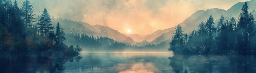 Close shot of dusk mountains with a starry sky, duplicate space, double exposure shadow beside a lake