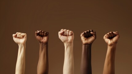 The raised multiracial fists.