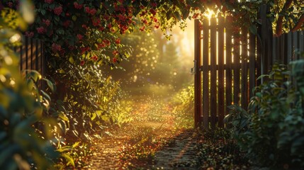 Wall Mural - A path through a forest with a wooden gate