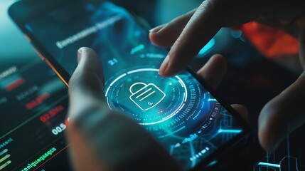 Fototapete - cyber security and Security password login online concept  Hands typing and entering username and password of social media log in with smartphone to an online bank account data protect : Generative AI