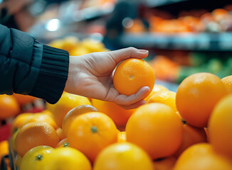 Wall Mural -  hand picking orange at supermarket