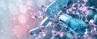 © Rattanathip - Close-up of blue capsules with abstract molecules and glowing background, representing medical science and pharmaceutical research.