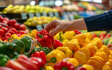 Wall Mural -  hand picking red bell pepper at supermarket