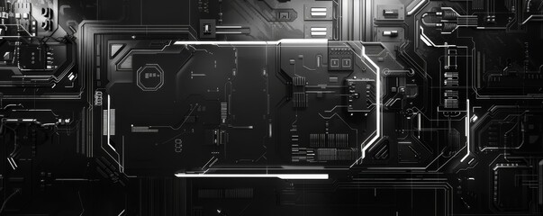 Futuristic black and white digital circuit board background with glowing elements, ideal for technology and industrial themed projects.