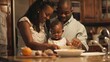 © At My Hat - A family of three, a mother and father and a baby, are cooking together in the kitchen