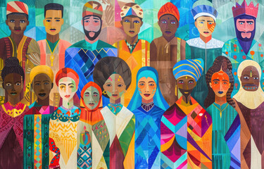 Sticker - A vibrant and colorful mural depicting people from various ethnicities, all wearing different attire that reflects their cultural identity. 