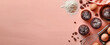 © Dina Photo Stories - Baking background ingredients. Flour, sugar, eggs and chocolate muffins on light pink table. Top view, copy space. Bakery, confectionery cooking background banner. Recipe, menu