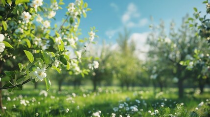Wall Mural - Apple garden with blossom apple trees Beautiful Countryside spring landscape Scene with Apple trees in sunny spring day on blue sky background : Generative AI