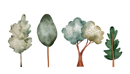 forest set with cartoon trees, watercolor illustration on white background