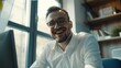 © AI Lab - Happy businessman enjoying at home office : Generative AI