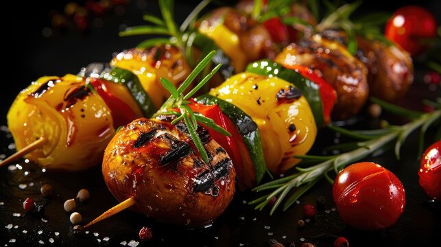 Grilled vegetable skewers with vibrant zucchini, cherry tomatoes, and yellow bell peppers on wooden sticks, garnished with fresh rosemary.
