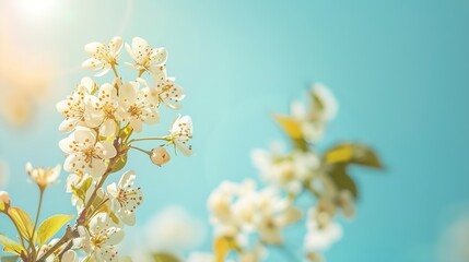 Aufkleber - Blooming branches of a pear tree on a blue sky background Flowering pear tree Soft focus image of blooms tree in spring time : Generative AI