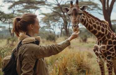 Canvas Print - A woman in safari is feeding giraffes at the connection, closeup of hand and head with long neck, beautiful light brown spots on its skin, tall trees behind it