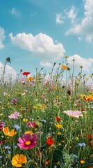Wall Mural - Scenic view of a colorful field of flowers against a bright blue sky and fluffy clouds