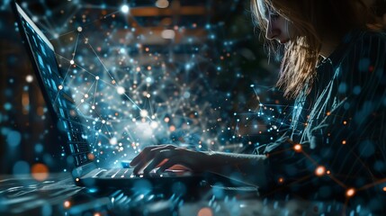 Digital technology internet network connection big data digital marketing IoT internet of things Woman using modern computer surfing internet futuristic metaverse innovative technology : Generative AI