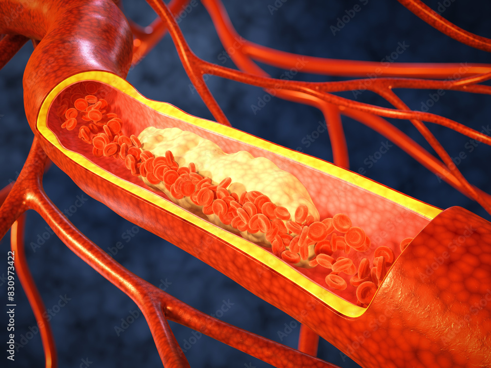Flow of red blood cells in a blood vessel close-up. A cholesterol ...