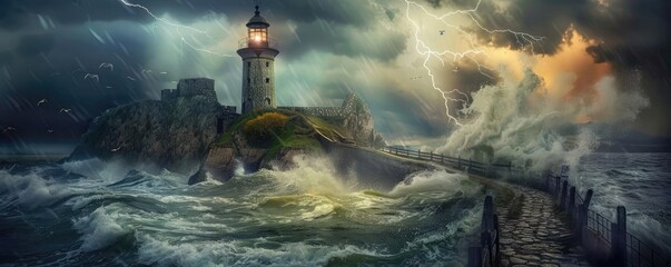 Dramatic stormy ocean waves crashing against a rocky lighthouse island under dark sky with lightning. Nature's raw power displayed at its finest.