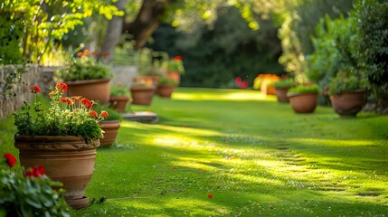 Wall Mural - an outdoor image of a lawn with beautiful pots and flowerful plants in the pots