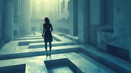 Wall Mural - Business woman standing in abstract maze 3D generated images