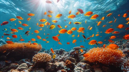 An underwater spectacle with scores of vibrant orange fish swimming above a coral reef