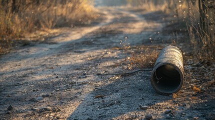 Wall Mural - A rusty pipe is laying on the ground in a field