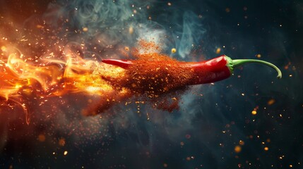 Sliced chili pepper designed to look like a rocket with chili powder and seeds as flames.

