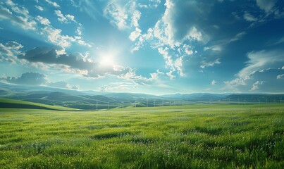 A wide shot of a wind farm shows turbines standing tall against a blue sky and green fields. The clean, sustainable energy theme and open space make it an ideal backdrop for text.