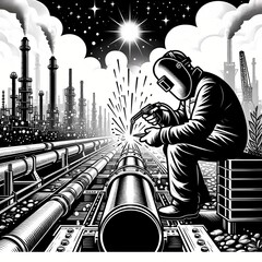 Wall Mural - Welding works on the gas pipeline of a large industrial enterprise. Black and white illustration