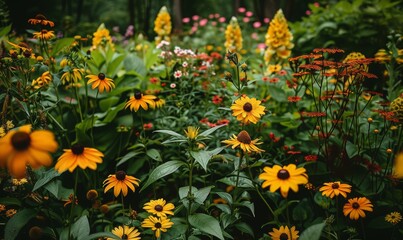 Wall Mural - A vibrant community garden bursts with diverse plants and colorful flowers. The lively scene, filled with greenery and blossoms, leaves open areas perfect for overlaying text without distraction.