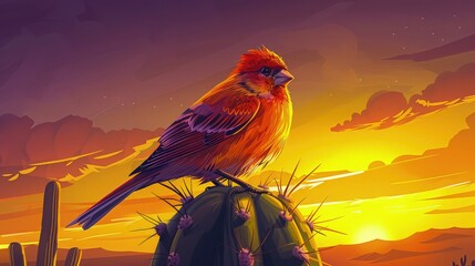 Wall Mural - A cartoon finch with vibrant orange feathers, perched on a cactus at sunset, with the sky transitioning from golden yellow to deep purple around it.