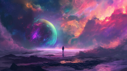 Wall Mural - A person standing in front of an otherworldly planet, surrounded by swirling cosmic clouds and vibrant colors; ethereal landscape with mountains and rivers flowing through the scene