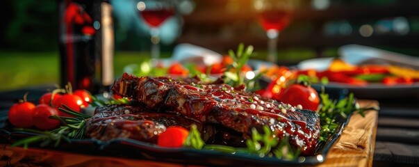 Wall Mural - Deliciously grilled beef steaks garnished with fresh herbs and tomatoes, served with red wine, perfect for an outdoor dinner.