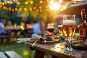 Close-up of beer glass and sumptuous food on wooden table at outdoor garden party with string lights and blurred friends in background.