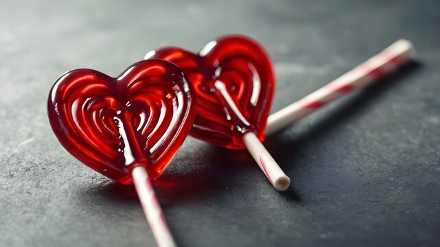 Two red sweet yummy lollipops in the shape of a heart.