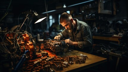 Wall Mural - A skilled mechanic meticulously works on a motorcycle engine in a well-equipped workshop