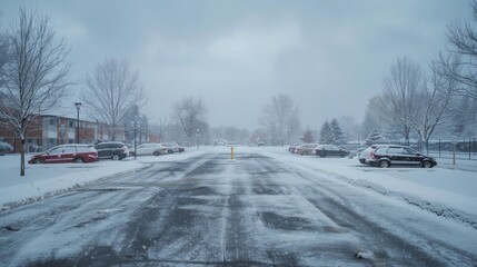 Wall Mural - A snowy street with a red stop sign and a parking sign