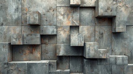 Wall Mural - Depicts an aged concrete wall with abstract 3D cubes jutting out, giving a sense of history and sturdiness