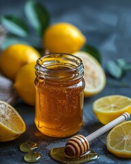 Honey and Lemon Slices with Jar of Honey

