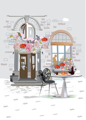 Wall Mural - Series of backgrounds decorated with flowers, old town views and street cafes. Cafe window.   Hand drawn vector architectural background with historic buildings. 