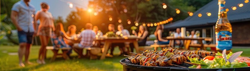 A lively outdoor barbecue party with friends enjoying food and drinks in a backyard setting under festive string lights at sunset.