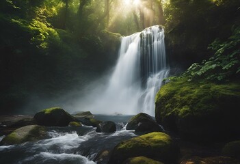 Wall Mural - AI-generated illustration of Sunlight filtering through trees near a waterfall, surrounded by rocks