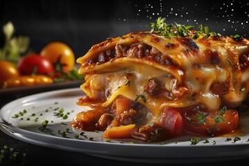 Wall Mural - Delicious lasagna slice with melted cheese, meat sauce, and fresh herbs on a plate, garnished with cherry tomatoes and thyme.